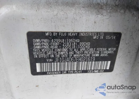 2014 Subaru Impreza 2.0I Premium z USA, uszkodzony, nr VIN JF1GJAD67EH021619